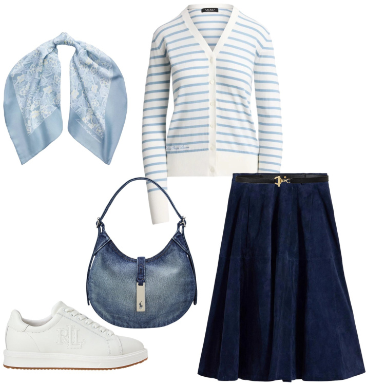 Outfit donna - Azure Breeze. Stile Preppy per Tutti i giorni. Abbinamento con gonne, sneakers, borse a spalla, cinture, foulard, cardigans.