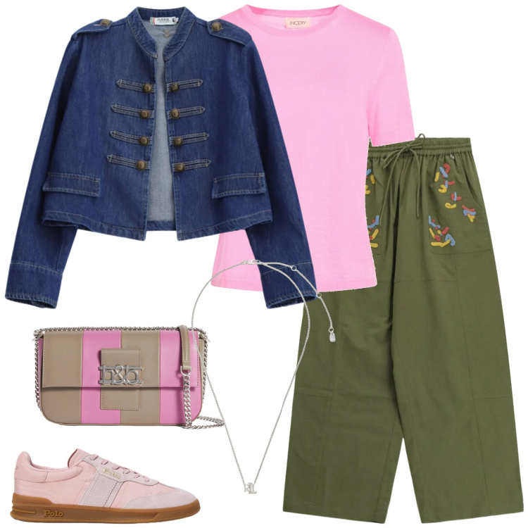 Outfit donna - I pantaloni coi ricami. Stile Casual per Scuola/Università. Abbinamento con pullovers, borse a spalla, pantaloni a palazzo, blazer, ciondoli, sneakers.