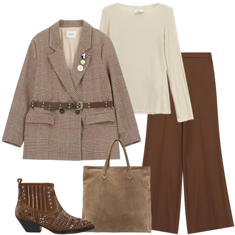 Outfit donna - Marzo. Stile Casual chic per Ufficio. Abbinamento con stivaletti, pantaloni a palazzo, t-shirt, blazer, borse a mano.