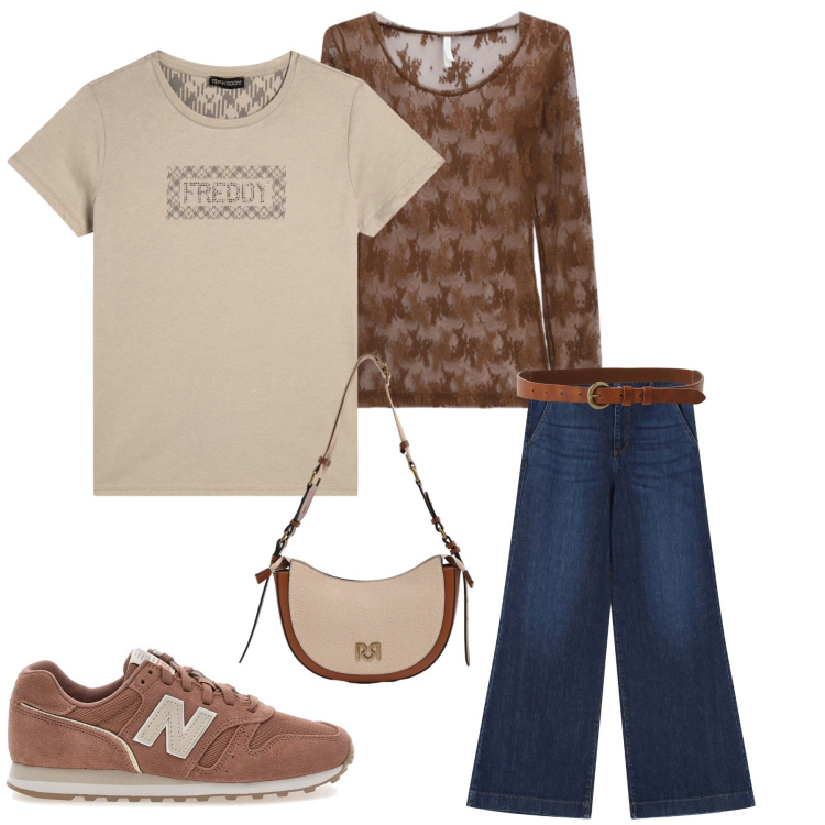 Outfit donna - Comfort Urbano. Stile Urban per Tutti i giorni. Abbinamento con top, jeans, cinture, t-shirt, borse a tracolla, sneakers.