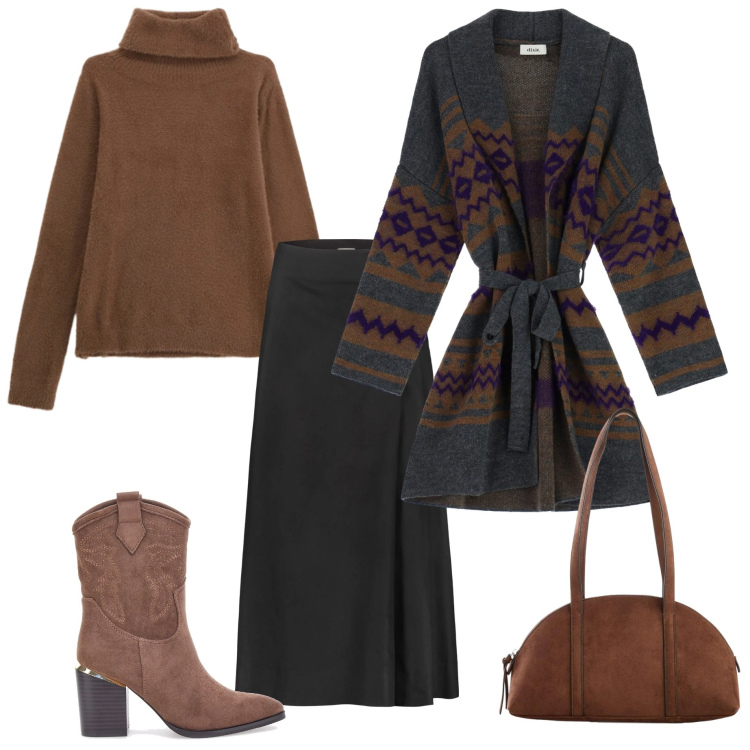 Outfit donna - Fresco marzo. Stile Casual chic per Ufficio. Abbinamento con borse a tracolla, cappotti, maglieria, gonne longuette, stivaletti texani.