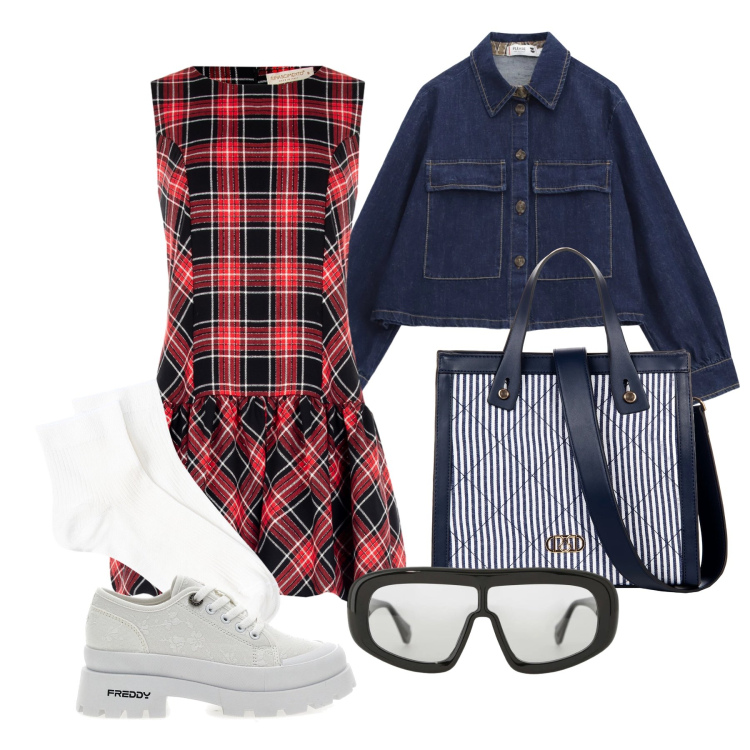 Outfit donna - Marzo. Stile Preppy per Tutti i giorni. Abbinamento con occhiali da sole, blazer, shopping bag, vestiti corti, calzini, sneakers alte.