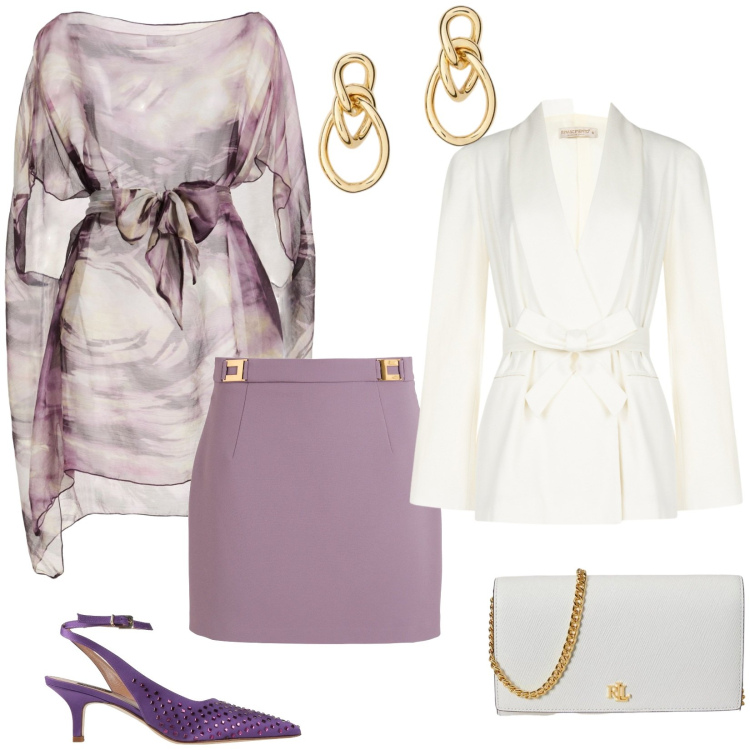 Outfit donna - Collezione primavera/estate 2026. Stile Chic per Cerimonia. Abbinamento con top, minigonne, décolleté, blazer, orecchini, borse a tracolla.