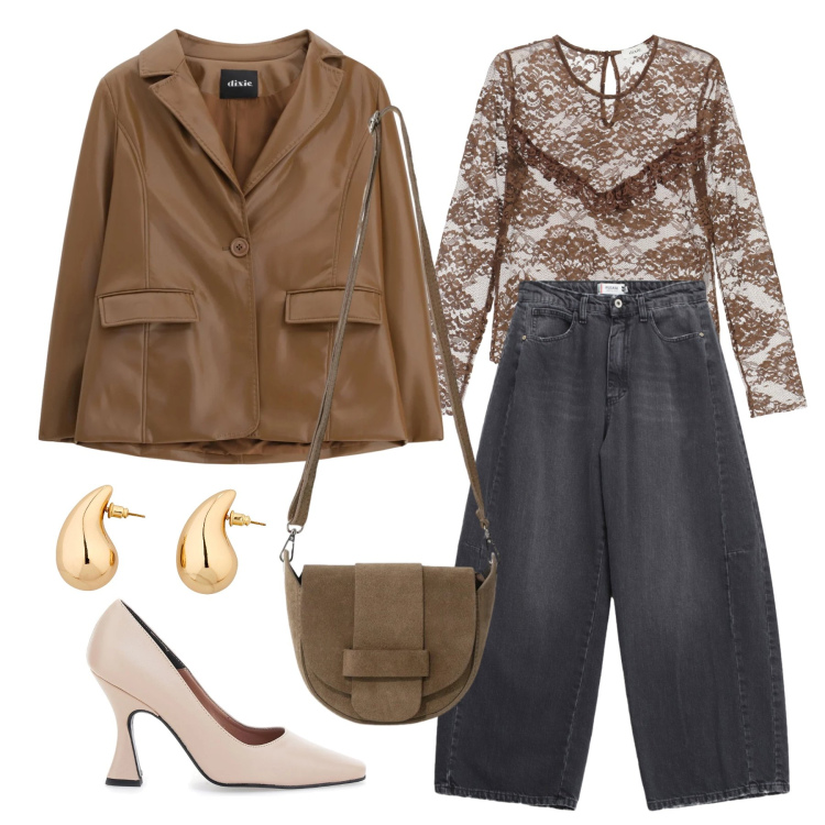 Outfit donna - Marzo. Stile Casual chic per Tutti i giorni. Abbinamento con orecchini, camicie, blazer, borse a tracolla, jeans, décolleté.