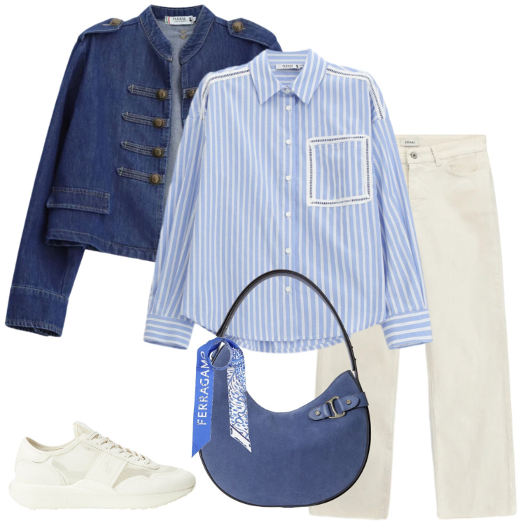 Outfit donna - Righe e Denim d\'Autore. Stile Urban per Tutti i giorni. Abbinamento con sciarpe, pantaloni, blazer, camicie, borse a spalla, sneakers.