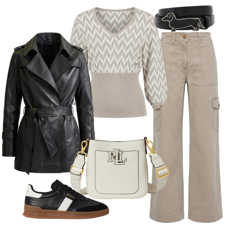 Outfit donna - Naturalezza. Stile Casual per Tutti i giorni. Abbinamento con giacche, pantaloni cargo, maglieria, cinture, sneakers, borse a tracolla.