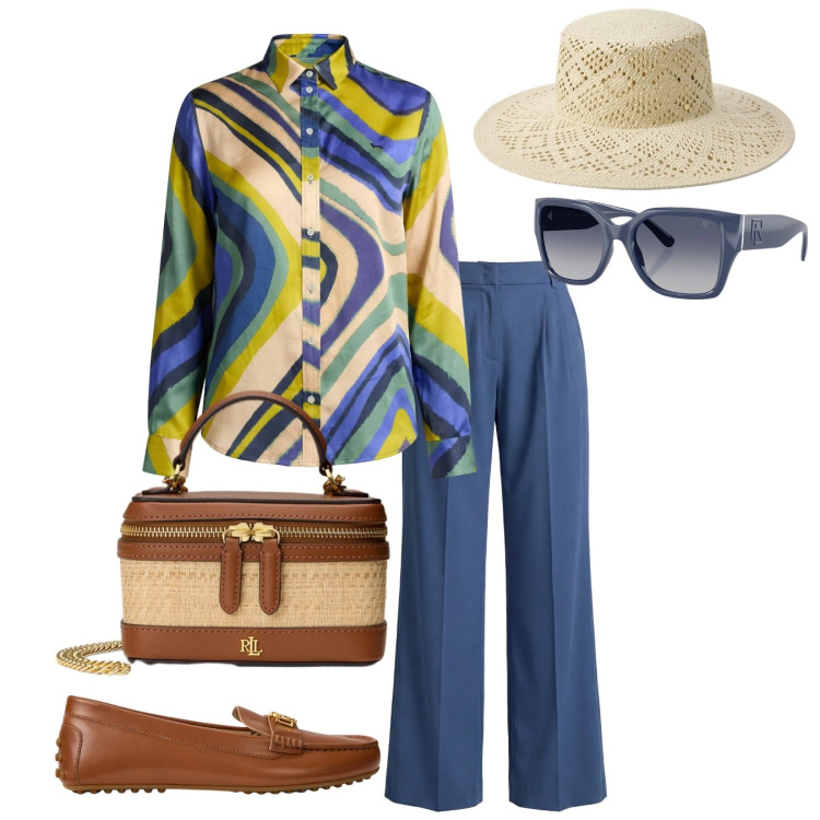 Outfit donna - Comfort raffinato. Stile Casual chic per Tutti i giorni. Abbinamento con pantaloni, camicie, mocassini, occhiali da sole, cappelli, borse a tracolla.