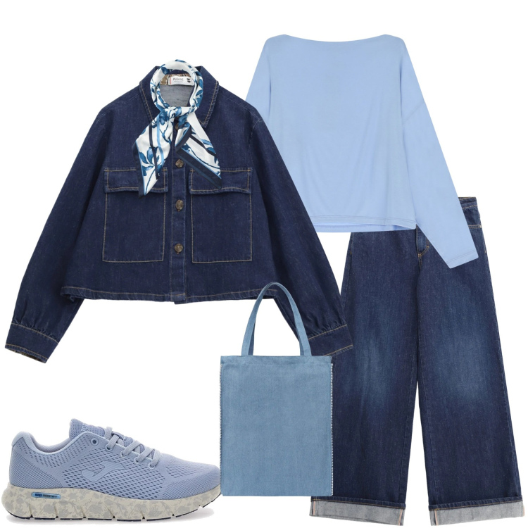 Outfit donna - Marzo in denim. Stile Casual per Tutti i giorni. Abbinamento con borse tote, foulard, t-shirt, jeans, blazer, sneakers.