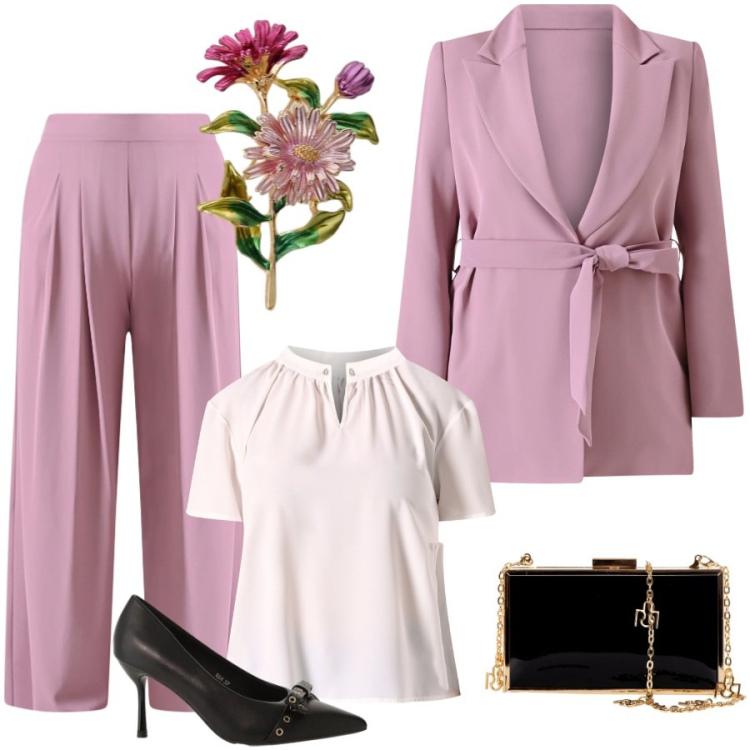 Outfit donna - Spille must have di primavera. Stile Chic per Cerimonia. Abbinamento con décolleté, cappotti, blazer, pochette, top, pantaloni a palazzo.