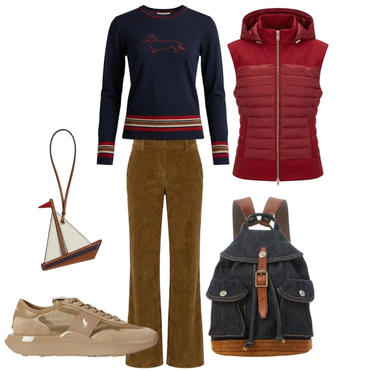 Outfit donna - Comfort raffinato 2. Stile Casual chic per Tutti i giorni. Abbinamento con maglieria, pantaloni, piumini, zaini, sneakers, portachiavi.