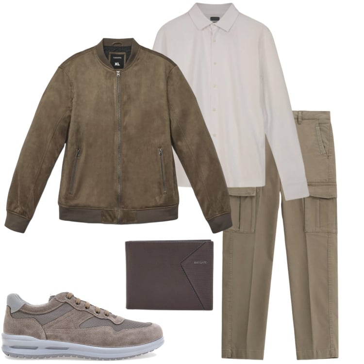 Outfit uomo - Sneakers chiare. Stile Urban per Tutti i giorni. Abbinamento con giacche, pantaloni cargo, portafogli, sneakers, polo.