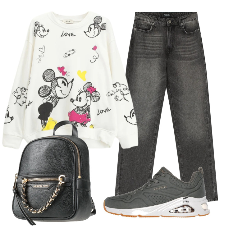 Outfit donna - Total look #2354942. Stile Casual per Scuola/Università. Abbinamento con zaini, jeans dritti, felpe, sneakers.