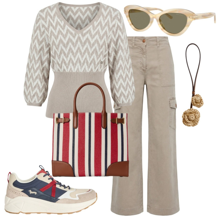 Outfit donna - Comfort raffinato 3. Stile Casual chic per Tutti i giorni. Abbinamento con sneakers, pantaloni cargo, maglieria, occhiali da sole, borse tote, ciondoli.