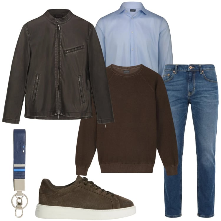 Outfit uomo - Layering a marzo. Stile Urban per Ufficio. Abbinamento con sneakers, jeans, portachiavi, giacche, maglieria, camicie.