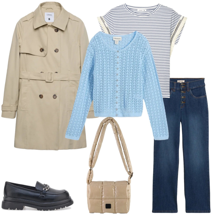 Outfit donna - Blue Mist. Stile Casual chic per Tutti i giorni. Abbinamento con jeans dritti, cardigans, t-shirt, trench, borse a spalla, mocassini.
