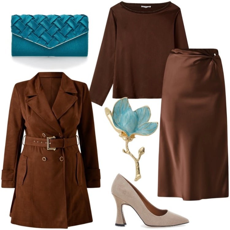 Outfit donna - Azzurro e cioccolato per la sera. Stile Chic per Serata fuori. Abbinamento con bluse, blazer, gonne longuette, trench, décolleté, borse a tracolla.