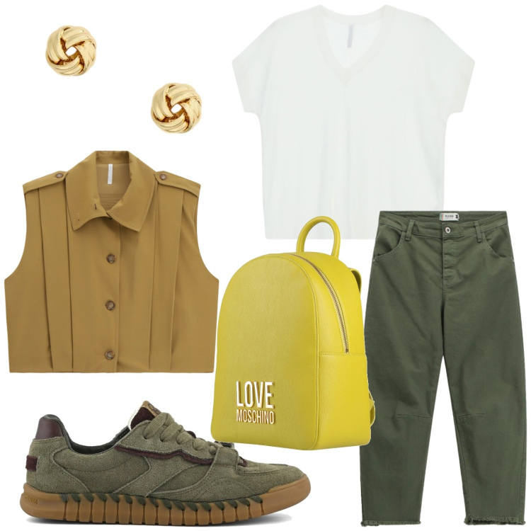 Outfit donna - Passeggiata in città. Stile Casual per Tutti i giorni. Abbinamento con zaini, gilet, maglieria, pantaloni, orecchini, sneakers.