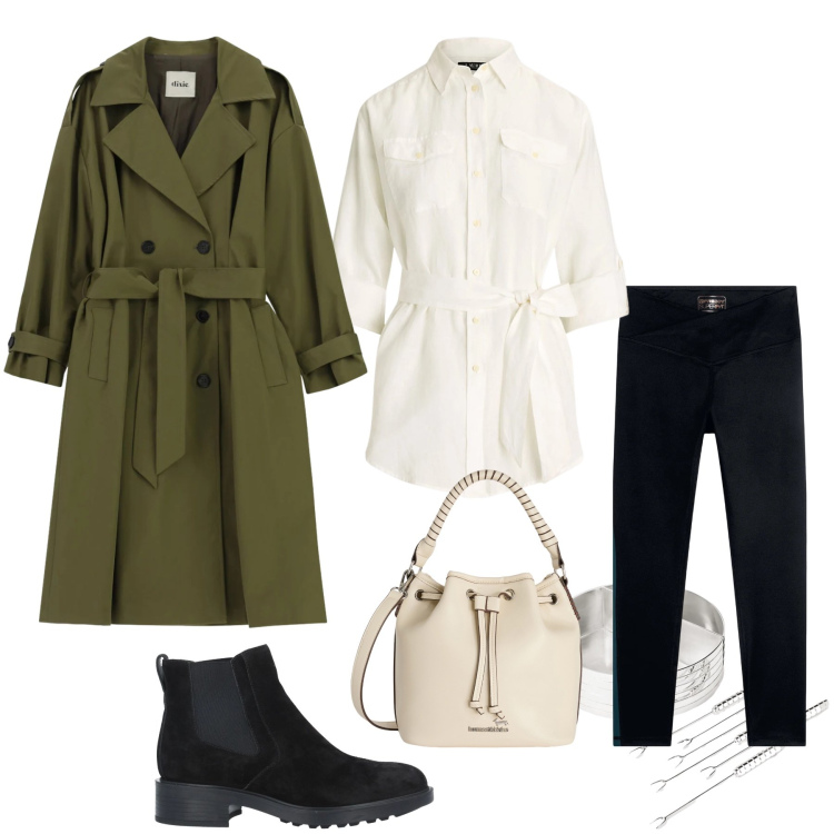 Outfit donna - Eleganza Strutturata. Stile Urban per Tutti i giorni. Abbinamento con stivaletti chelsea, borse a secchiello, trench, leggings, camicie, montgomery.