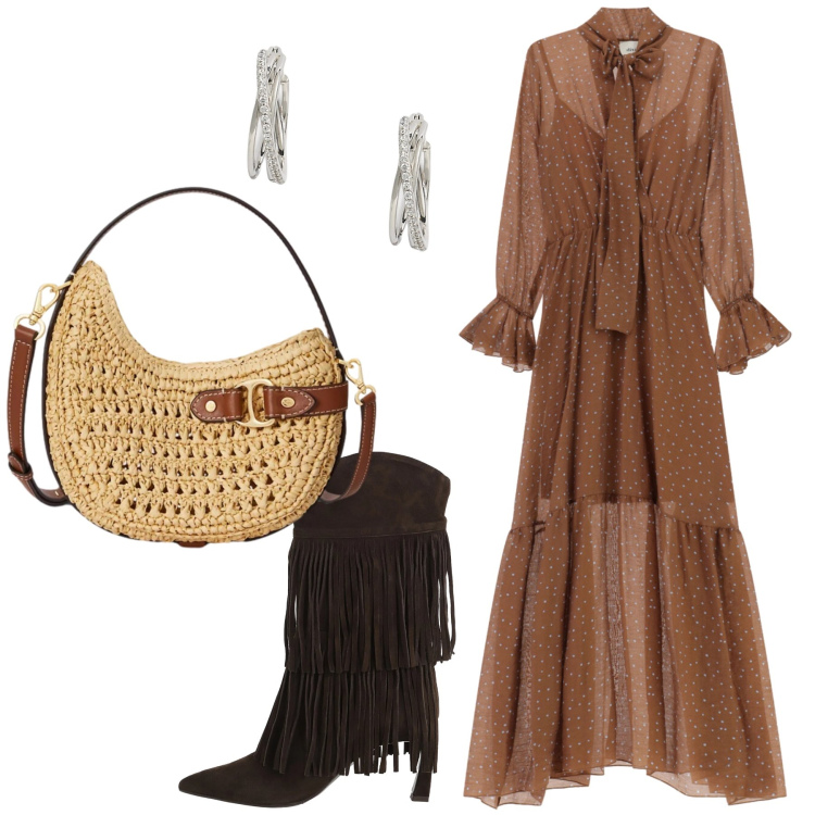 Outfit donna - Total look #2354956. Stile Etnico per Serata fuori. Abbinamento con stivali, vestiti lunghi, borse a tracolla, orecchini.