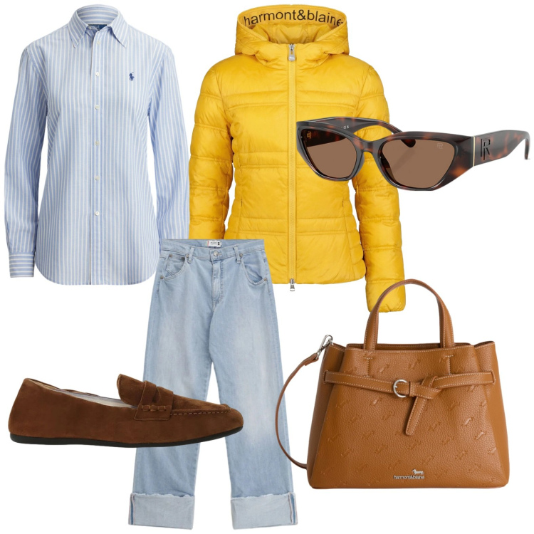 Outfit donna - Giornata piovosa. Stile Minimal per Tutti i giorni. Abbinamento con piumini, borse a mano, mocassini, jeans dritti, occhiali da sole, camicie.