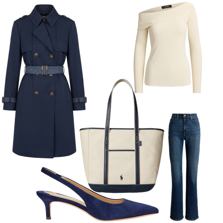 Outfit donna - Il trench Harmont e Blaine. Stile Casual chic per Tutti i giorni. Abbinamento con trench, jeans, décolleté, borse tote, top.
