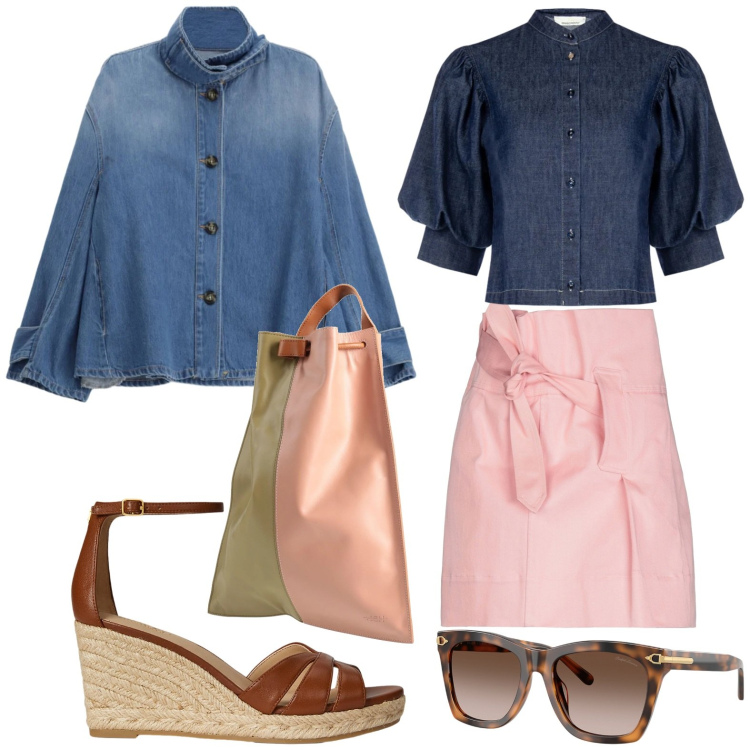 Outfit donna - Happy hour. Stile Minimal per Tutti i giorni. Abbinamento con minigonne, zaini, blazer, camicie a manica corta, occhiali da sole, zeppe.