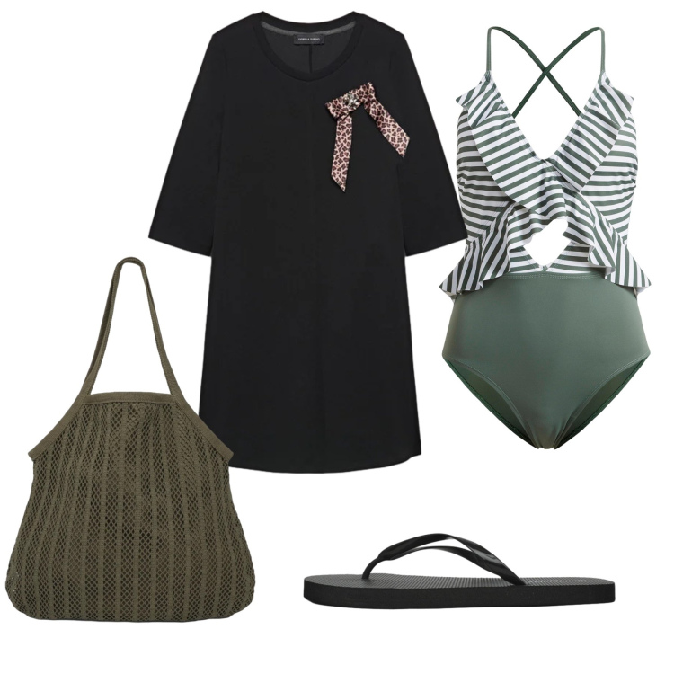 Outfit donna - Total look #2354970. Stile Minimal per Mare. Abbinamento con costumi interi, shopping bag, infradito, vestiti corti.