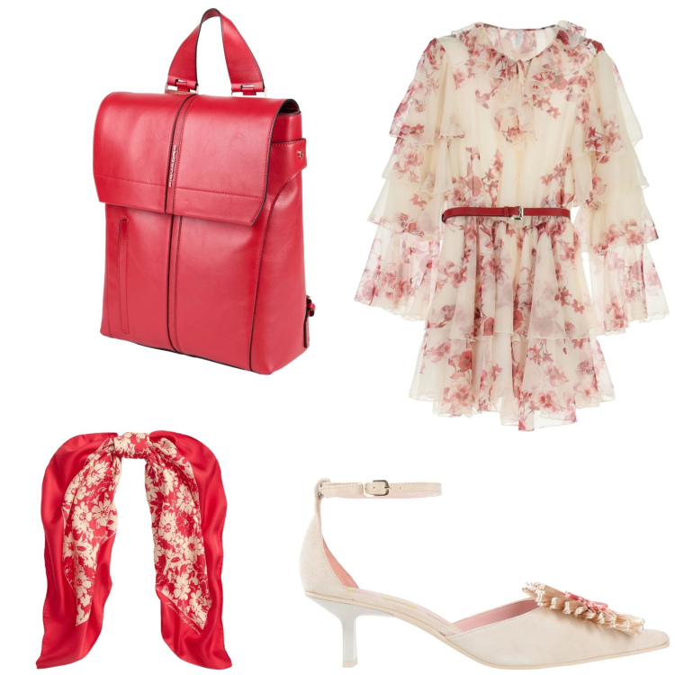 Outfit donna - Romantica a fiori. Stile Romantica per Tutti i giorni. Abbinamento con décolleté, zaini, vestiti corti, foulard.