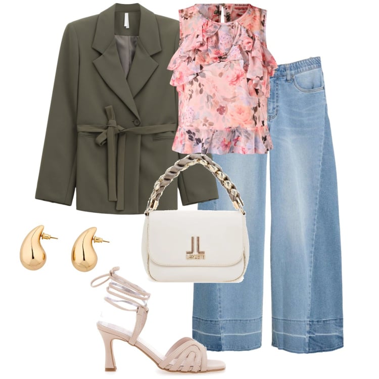 Outfit donna - Fantasie floreali a marzo. Stile Romantica per Tutti i giorni. Abbinamento con orecchini, jeans, blazer, top, borse a tracolla, sandali col tacco.