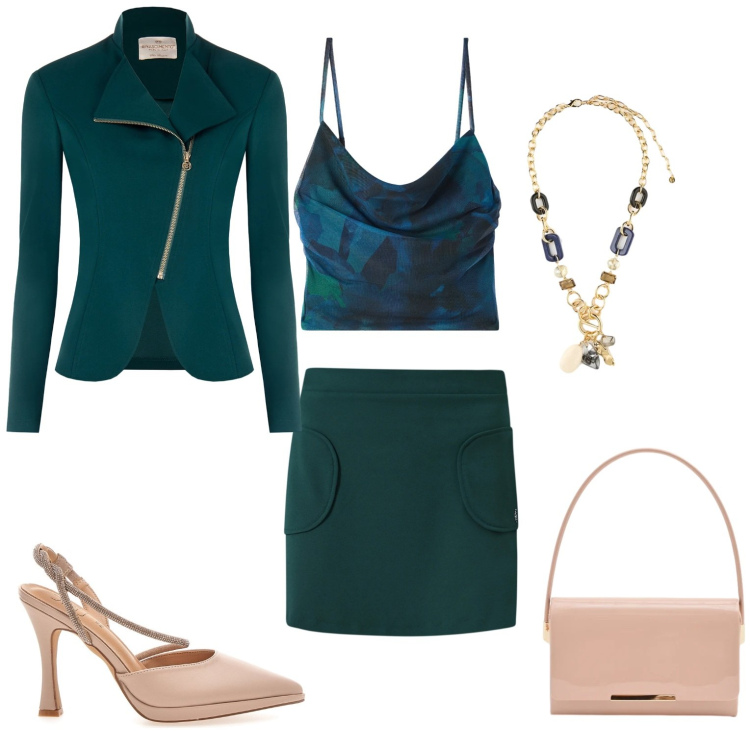 Outfit donna - Serata. Stile Casual chic per Serata fuori. Abbinamento con canottiere, collane, pochette, blazer, gonne, décolleté.