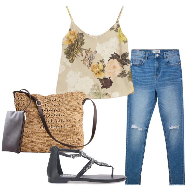 Outfit donna - Total look #2354975. Stile Romantica per Tutti i giorni. Abbinamento con borse a tracolla, jeans strappati, top, sandali gioiello.