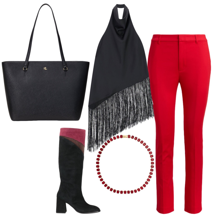 Outfit donna - Total look #2354978. Stile 70s per Tutti i giorni. Abbinamento con stivali, top, borse tote, pantaloni, collane.