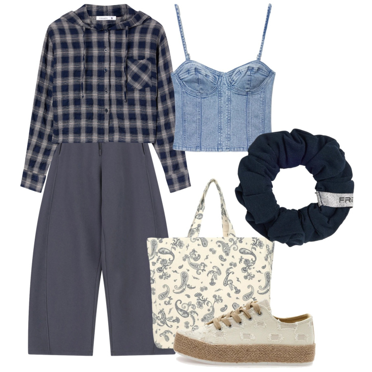 Outfit donna - Basic mood. Stile Basic per Tutti i giorni. Abbinamento con camicie, top, shopping bag, pantaloni a palazzo, accessori per capelli, sneakers.