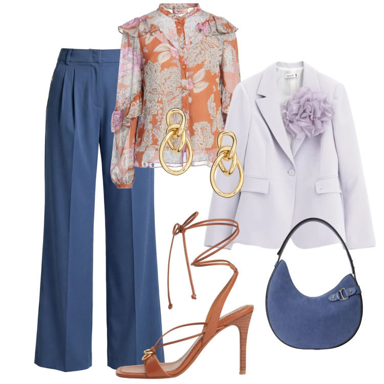 Outfit donna - Fantasie floreali a marzo. Stile Chic per Tutti i giorni. Abbinamento con camicie, pantaloni, blazer, orecchini, borse a spalla, sandali in pelle.