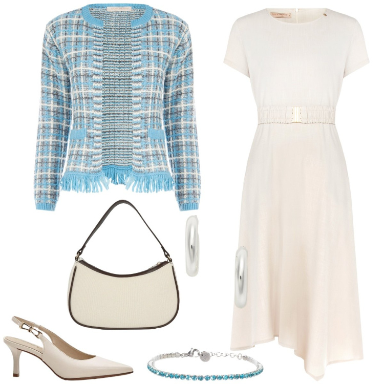 Outfit donna - Aria di primavera. Stile Bon Ton per Tutti i giorni. Abbinamento con décolleté, borse a tracolla, braccialetti, blazer, vestiti midi/longuette, orecchini.