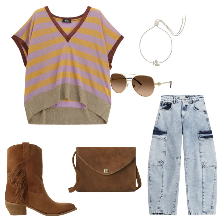 Outfit donna - Strisce e Frange in Libertà. Stile Casual chic per Tutti i giorni. Abbinamento con jeans, stivali, maglieria, braccialetti, occhiali da sole, borse a tracolla.