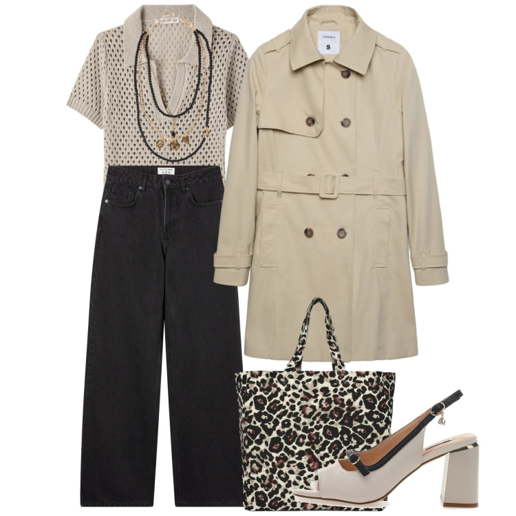 Outfit donna - Armoniosa nero e nude. Stile Casual chic per Tutti i giorni. Abbinamento con trench, polo, jeans, shopping bag, collane, sandali col tacco.