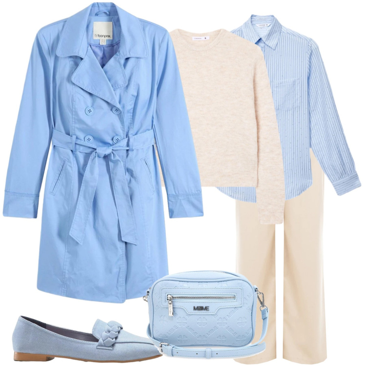 Outfit donna - Brezza di Marzo: Il Trench Pastello. Stile Casual chic per Tutti i giorni. Abbinamento con trench, mocassini, camicie, maglieria, pantaloni a palazzo, borse a tracolla.