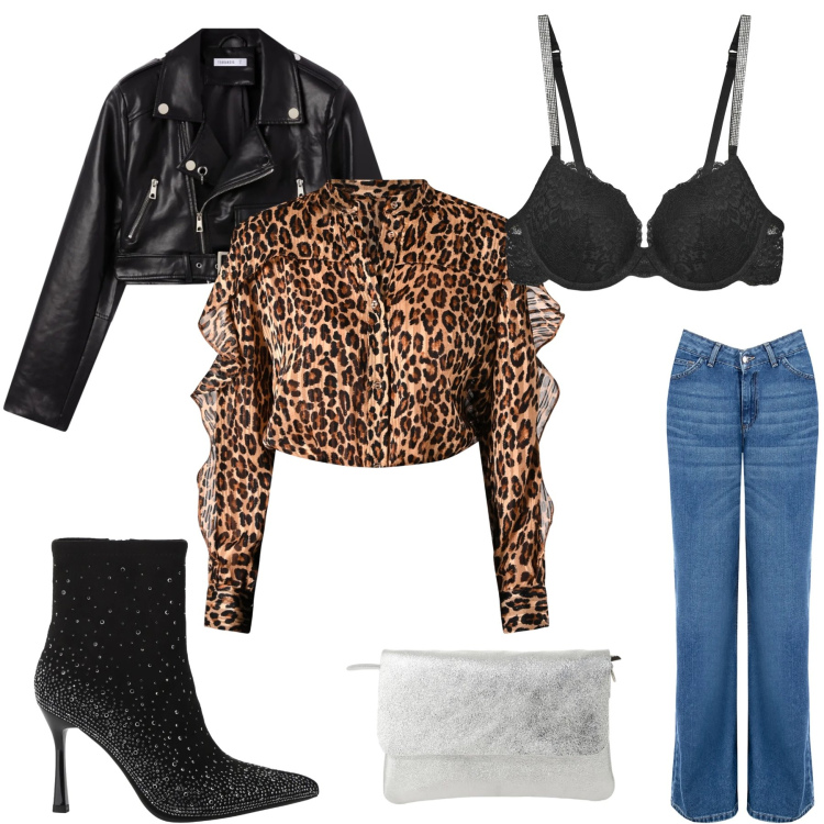 Outfit donna - Night Safari. Stile Glamour per Serata fuori. Abbinamento con reggiseni a balconcino, giacche, stivaletti, borse a spalla, camicie, jeans.