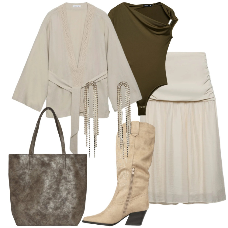 Outfit donna - Terranova - Desert code. Stile Trendy per Tutti i giorni. Abbinamento con gonne longuette, top, kimono, stivali, orecchini, shopping bag.