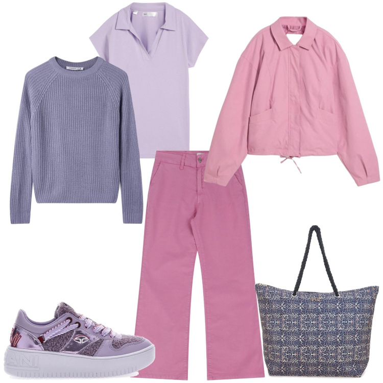 Outfit donna - Casual. Stile Casual per Tutti i giorni. Abbinamento con maglieria, bomber, maglieria, jeans, sneakers, shopping bag.