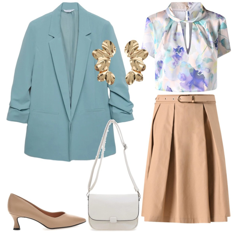 Outfit donna - Ufficio. Stile Chic per Ufficio. Abbinamento con blazer, orecchini, bluse, gonne longuette, décolleté, borse a tracolla.