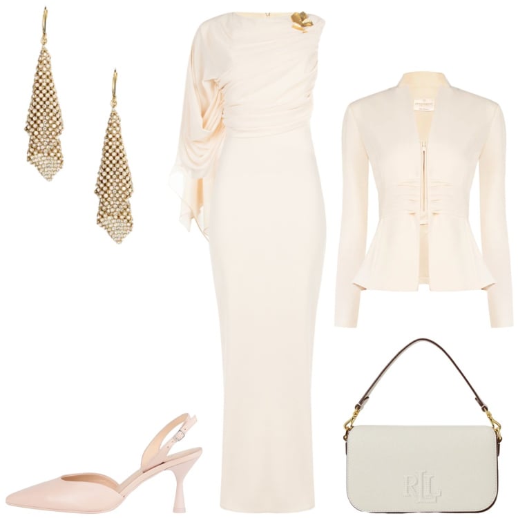 Outfit donna - La sposa. Stile Romantica per Cerimonia. Abbinamento con décolleté, vestiti lunghi, blazer, orecchini, borse a spalla.