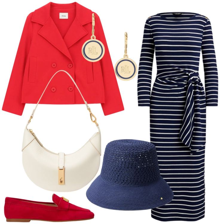 Outfit donna - Blazer e righe. Stile Minimal per Tutti i giorni. Abbinamento con blazer, vestiti lunghi, orecchini, cappelli, mocassini, borse a spalla.