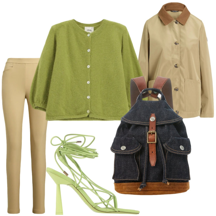 Outfit donna - Lo zaino multitasche. Stile Minimal per Tutti i giorni. Abbinamento con ciabatte, cardigans, zaini, pantaloni, giacche.