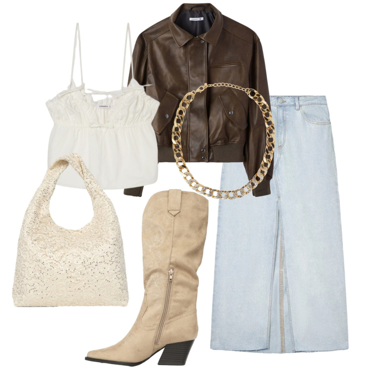 Outfit donna - Terranova - Desert code. Stile Glamour per Tutti i giorni. Abbinamento con giacche, collane, gonne lunghe, canottiere, stivali, borse a spalla.