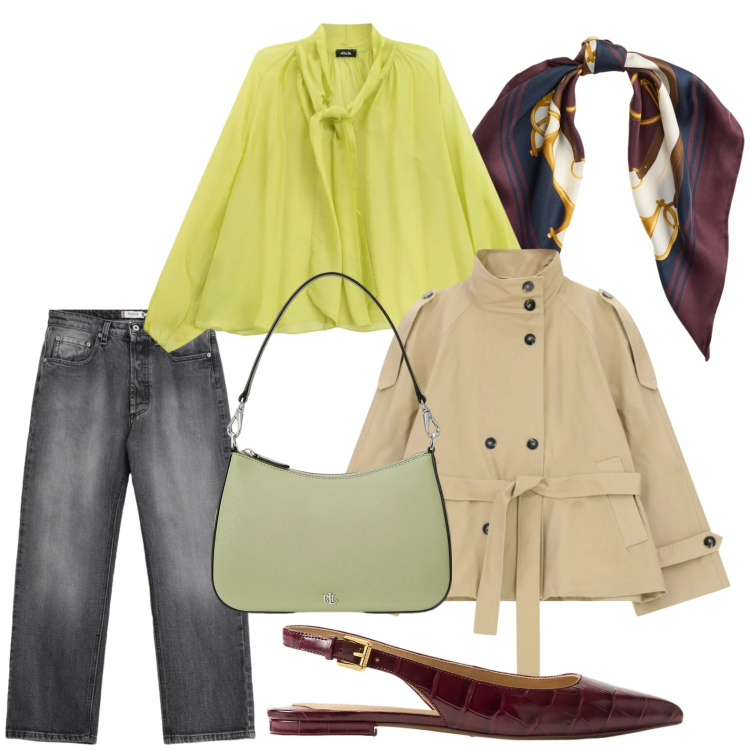 Outfit donna - Trench primaverile. Stile Glamour per Tutti i giorni. Abbinamento con trench, bluse, jeans, borse a spalla, ballerine, foulard.