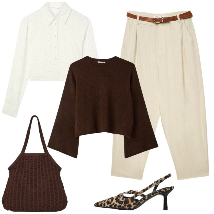 Outfit donna - Paola: un po\' di animalier.. Stile Casual chic per Ufficio. Abbinamento con maglieria, pantaloni chino, shopping bag, camicie, décolleté.