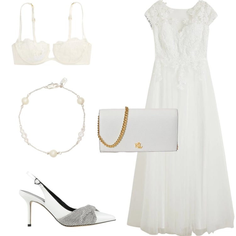 Outfit donna - Wedding Day. Stile Romantica per Cerimonia. Abbinamento con décolleté, vestiti, reggiseni a balconcino, braccialetti, borse a tracolla.