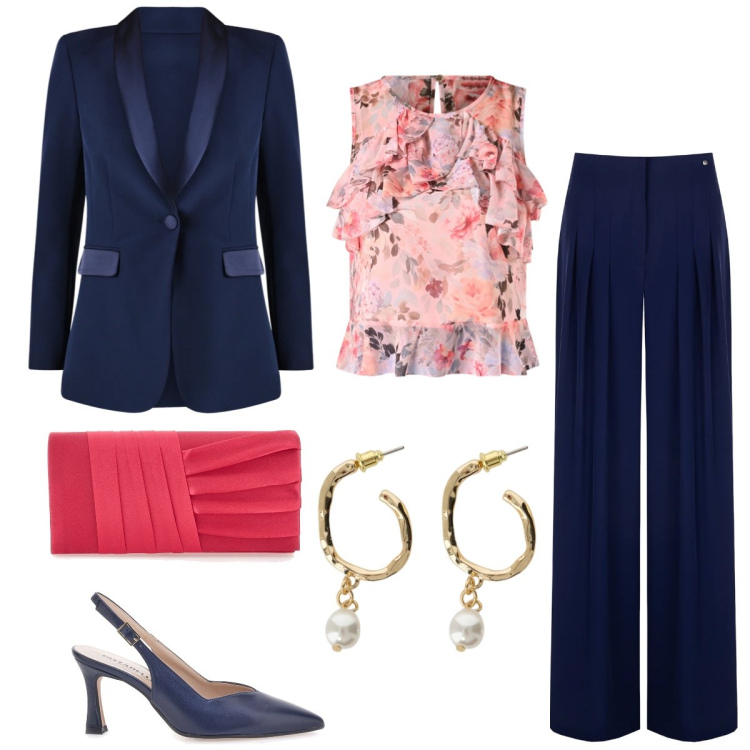 Outfit donna - Cerimonia. Stile Chic per Cerimonia. Abbinamento con orecchini, top, pantaloni a palazzo, blazer, décolleté, pochette.